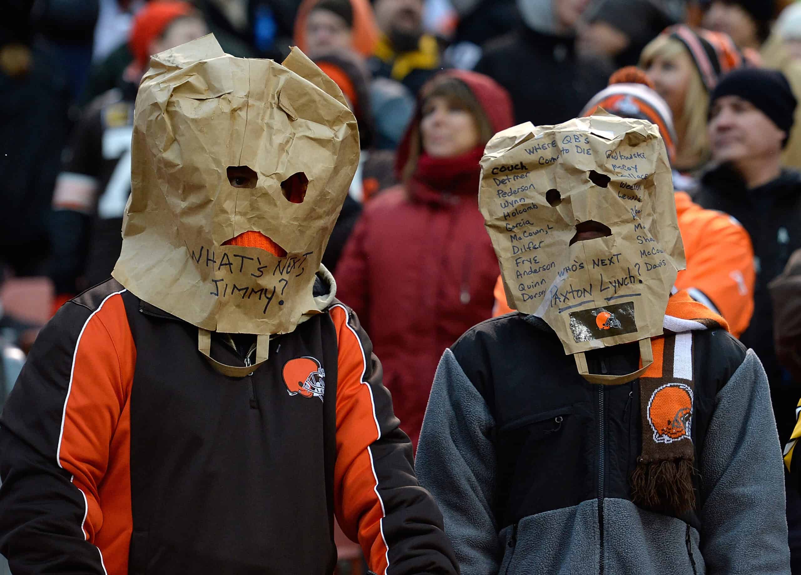 CLEVELAND, OH - JANUARY 3: Cleveland Browns fans look on during the fourth quarter against the Pittsburgh Steelers at FirstEnergy Stadium on January 3, 2016 in Cleveland, Ohio. Pittsburgh won the game 28-12.