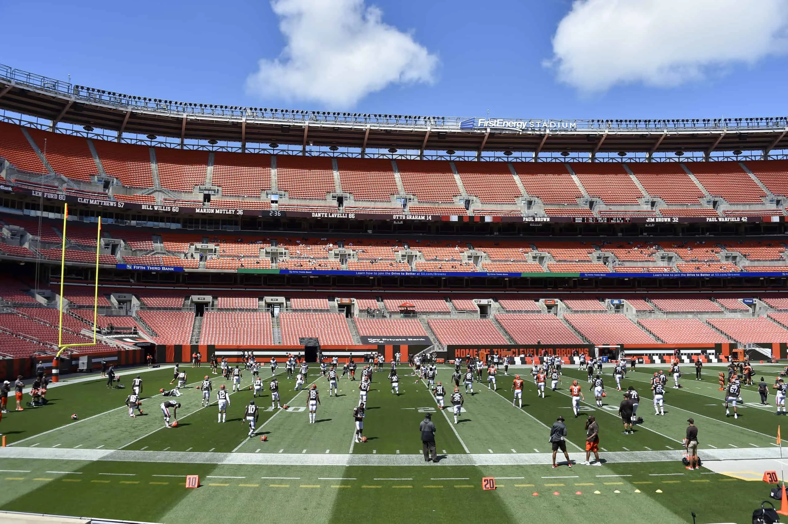 CLEVELAND, OHIO - AUGUST 30: The Cleveland Browns work out without fans during training camp at FirstEnergy Stadium on August 30, 2020 in Cleveland, Ohio.
