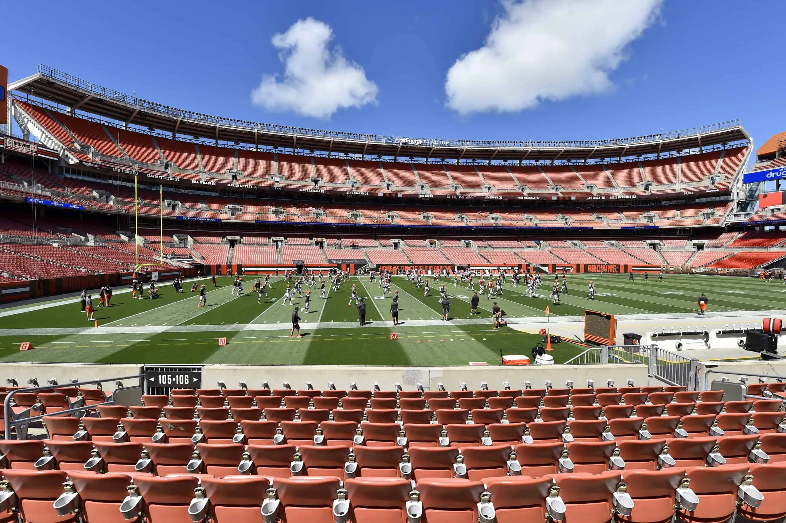 CLEVELAND, OHIO - AUGUST 30: The Cleveland Browns work out without fans during training camp at FirstEnergy Stadium on August 30, 2020 in Cleveland, Ohio.