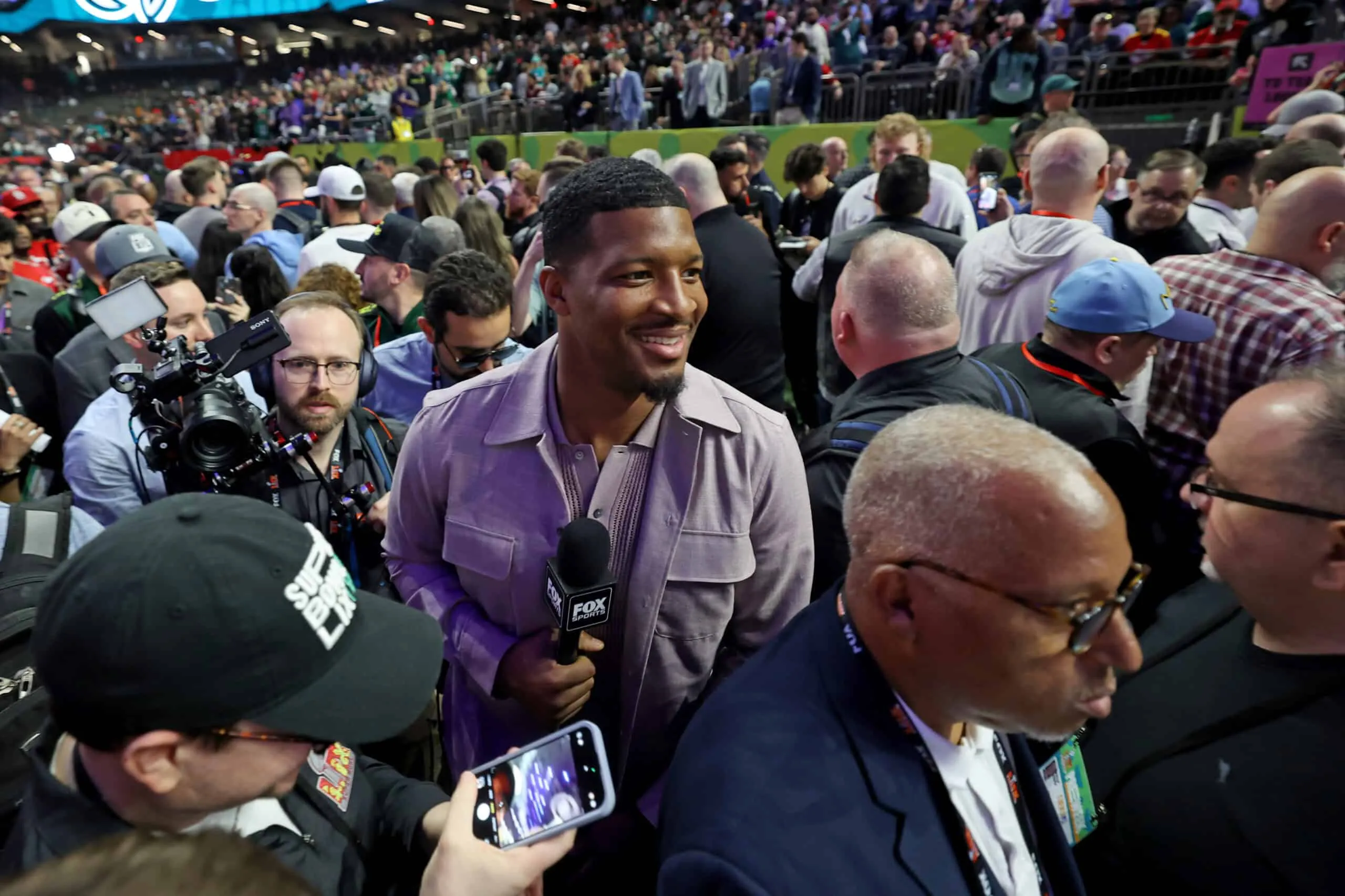 NEW ORLEANS, LOUISIANA - FEBRUARY 3: Former New Orleans Saints and current Cleveland Browns quarterback Jameis Winston makes his way through the crowd on the field inside the Caesars Superdome during the Super Bowl Opening Night on February 3, 2025 in New Orleans, Louisiana. The Philadelphia Eagles and Kansas City Chiefs were made available for interviews during an energetic, New Orleans-themed event ahead of next Sunday's Super Bowl LIX.