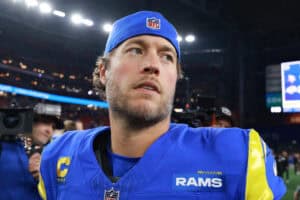 GLENDALE, ARIZONA - JANUARY 13: Matthew Stafford #9 of the Los Angeles Rams looks on after the game against the Minnesota Vikings during the NFC Wild Card Playoff at State Farm Stadium on January 13, 2025 in Glendale, Arizona.
