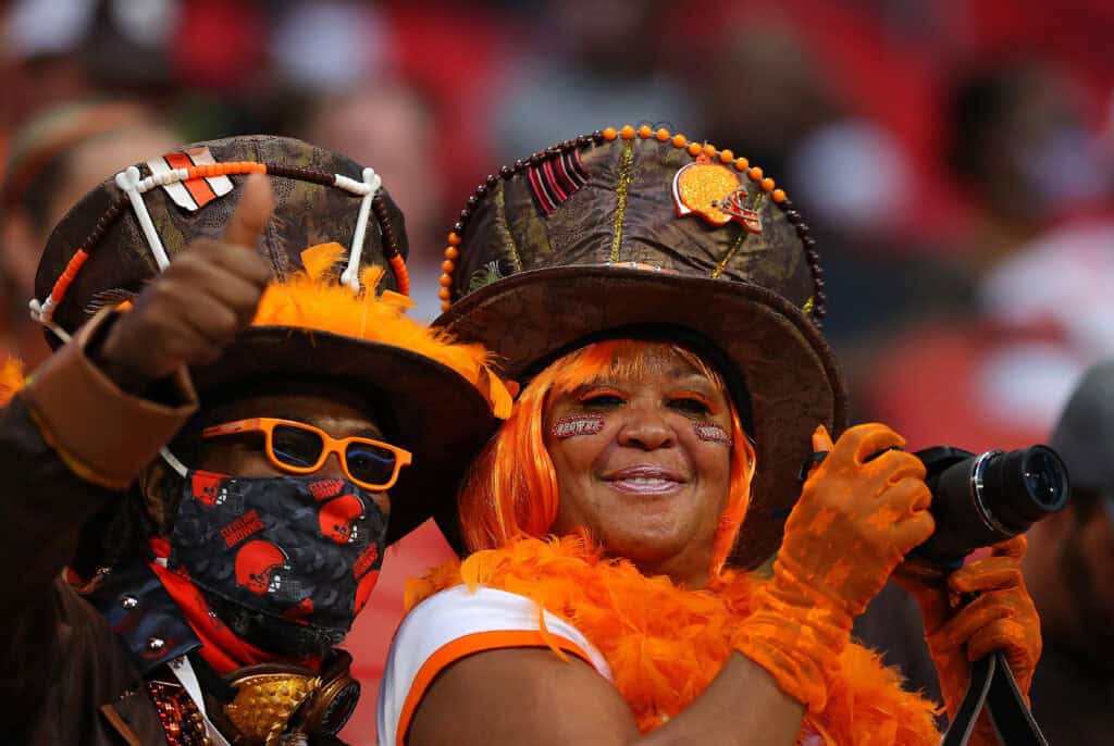 ATLANTA, GEORGIA - AUGUST 29: Fans of the Cleveland Browns look no prior to the game against the Atlanta Falcons at Mercedes-Benz Stadium on August 29, 2021 in Atlanta, Georgia.