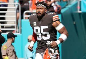 MIAMI GARDENS, FLORIDA - NOVEMBER 13: Myles Garrett #95 of the Cleveland Browns runs onto the field prior to the game against the Miami Dolphins at Hard Rock Stadium on November 13, 2022 in Miami Gardens, Florida.