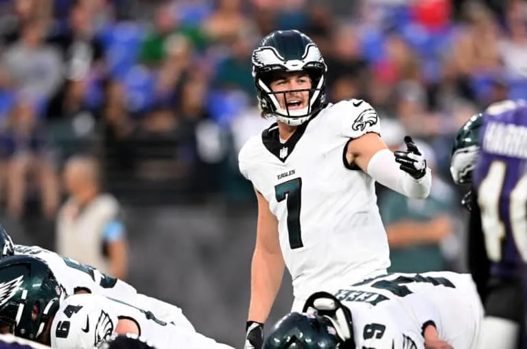 BALTIMORE, MARYLAND - AUGUST 09: Kenny Pickett #7 of the Philadelphia Eagles calls a play in the first quarter against the Baltimore Ravens in a preseason game at M&T Bank Stadium on August 09, 2024 in Baltimore, Maryland.