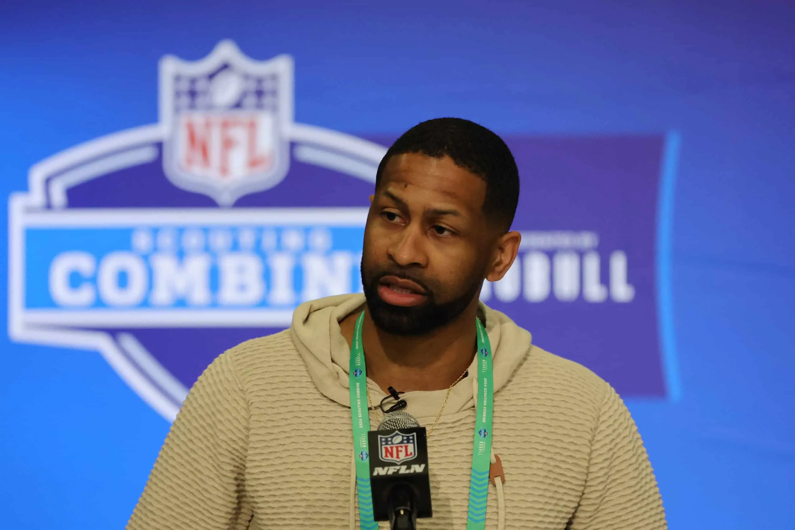 INDIANAPOLIS, INDIANA - FEBRUARY 27: General manager Andrew Berry of the Cleveland Browns speaks to the media during the NFL Combine at the Indiana Convention Center on February 27, 2024 in Indianapolis, Indiana.
