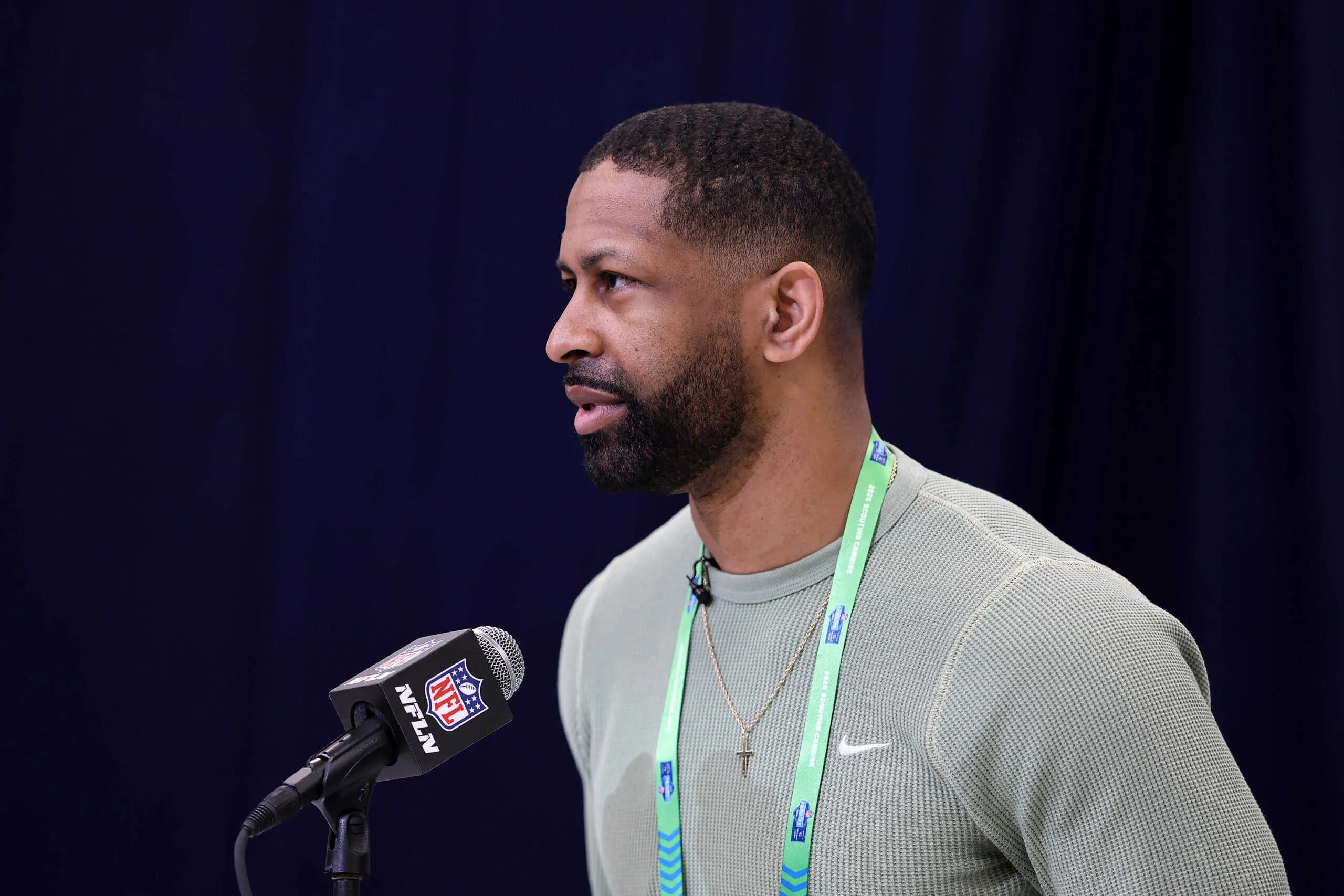 INDIANAPOLIS, INDIANA - FEBRUARY 25: General manager Andrew Berry of the Cleveland Browns speaks to the media during the NFL Scouting Combine at the Indiana Convention Center on February 25, 2025 in Indianapolis, Indiana.