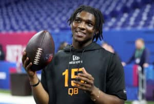 INDIANAPOLIS, INDIANA - MARCH 01: Cameron Ward #QB15 of Miami-FL looks o during the NFL Scouting Combine at Lucas Oil Stadium on March 01, 2025 in Indianapolis, Indiana.