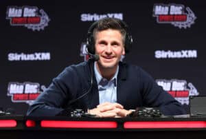 LAS VEGAS, NEVADA - FEBRUARY 07: Dan Orlovsky speaks on SiriusXM at Super Bowl LVIII on February 07, 2024 in Las Vegas, Nevada.
