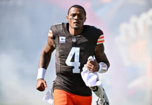 CLEVELAND, OHIO - OCTOBER 20: Deshaun Watson #4 of the Cleveland Browns is introduced before a game against the Cincinnati Bengals at Huntington Bank Field on October 20, 2024 in Cleveland, Ohio.