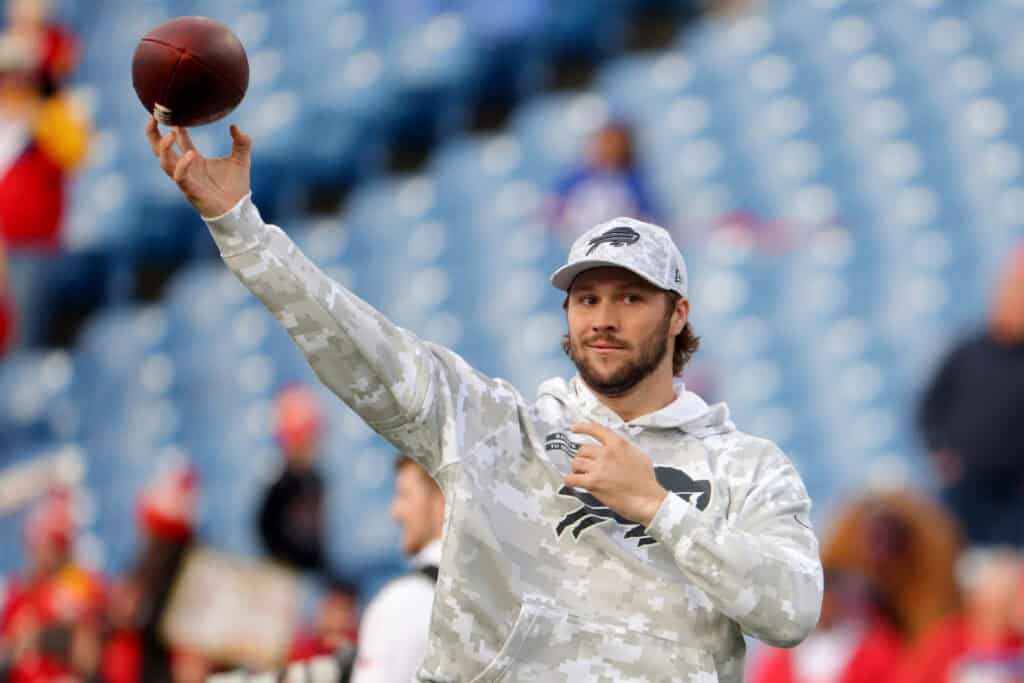 ORCHARD PARK, NEW YORK - NOVEMBER 17: Josh Allen #17 of the Buffalo Bills warms up prior to a game against the Kansas City Chiefs at Highmark Stadium on November 17, 2024 in Orchard Park, New York.