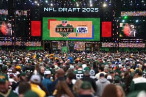 GREEN BAY, WISCONSIN - APRIL 24: Fans gather at the NFL Draft stage during the first round of the 2025 NFL Draft at Lambeau Field on April 24, 2025 in Green Bay, Wisconsin.