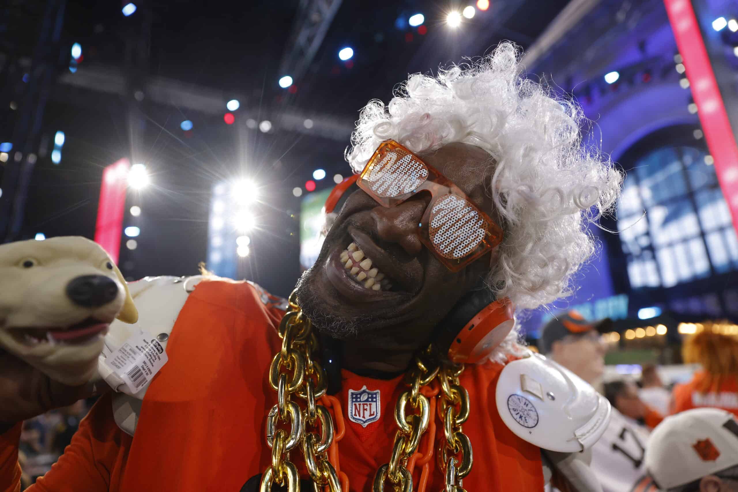 KANSAS CITY, MO - APRIL 28: A Cleveland Browns fan smiles during the second round of the 2023 NFL Draft at Union Station on April 28, 2023 in Kansas City, Missouri.