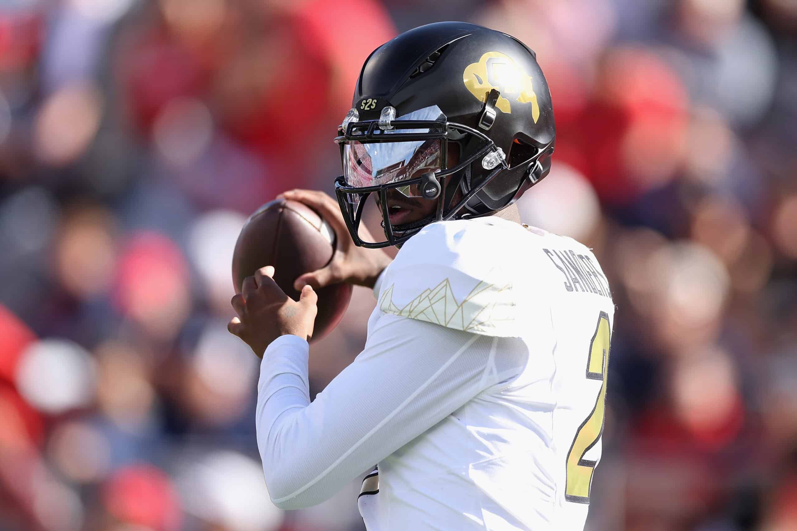 TUCSON, ARIZONA - OCTOBER 19: Quarterback Shedeur Sanders #2 of the Colorado Buffaloes throws a pass during the NCAAF game at Arizona Stadium on October 19, 2024 in Tucson, Arizona. The Buffalos defeated the Wildcats 34-7.