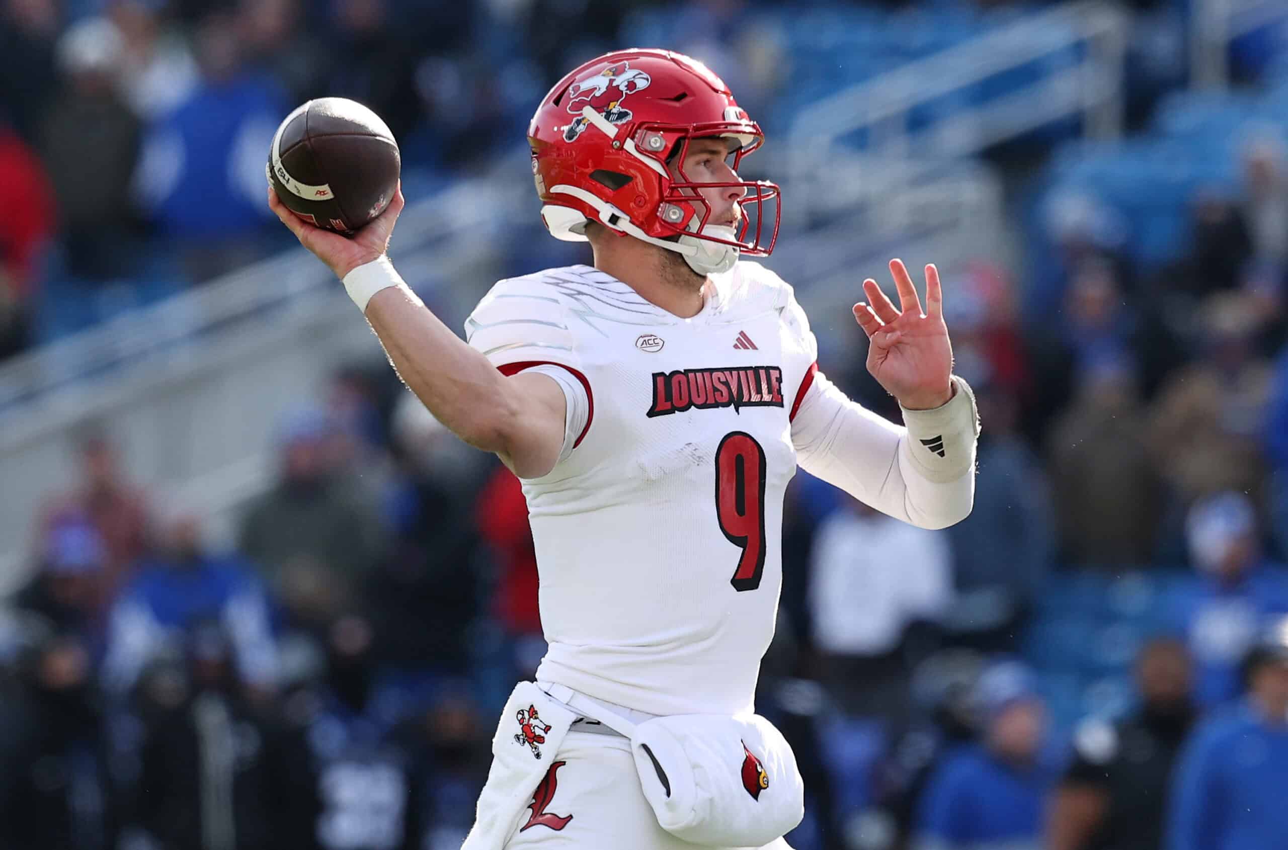 LEXINGTON, KENTUCKY - NOVEMBER 30: Tyler Shough #9 of the Louisville Cardinals throws a pass against the Kentucky Wildcats at Kroger Field on November 30, 2024 in Lexington, Kentucky.