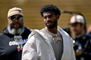BOULDER, CO - APRIL 19: Former Colorado Buffaloes quarterback Shedeur Sanders looks on before the Black and Gold Spring Game at Folsom Field on April 19, 2025 in Boulder, Colorado.