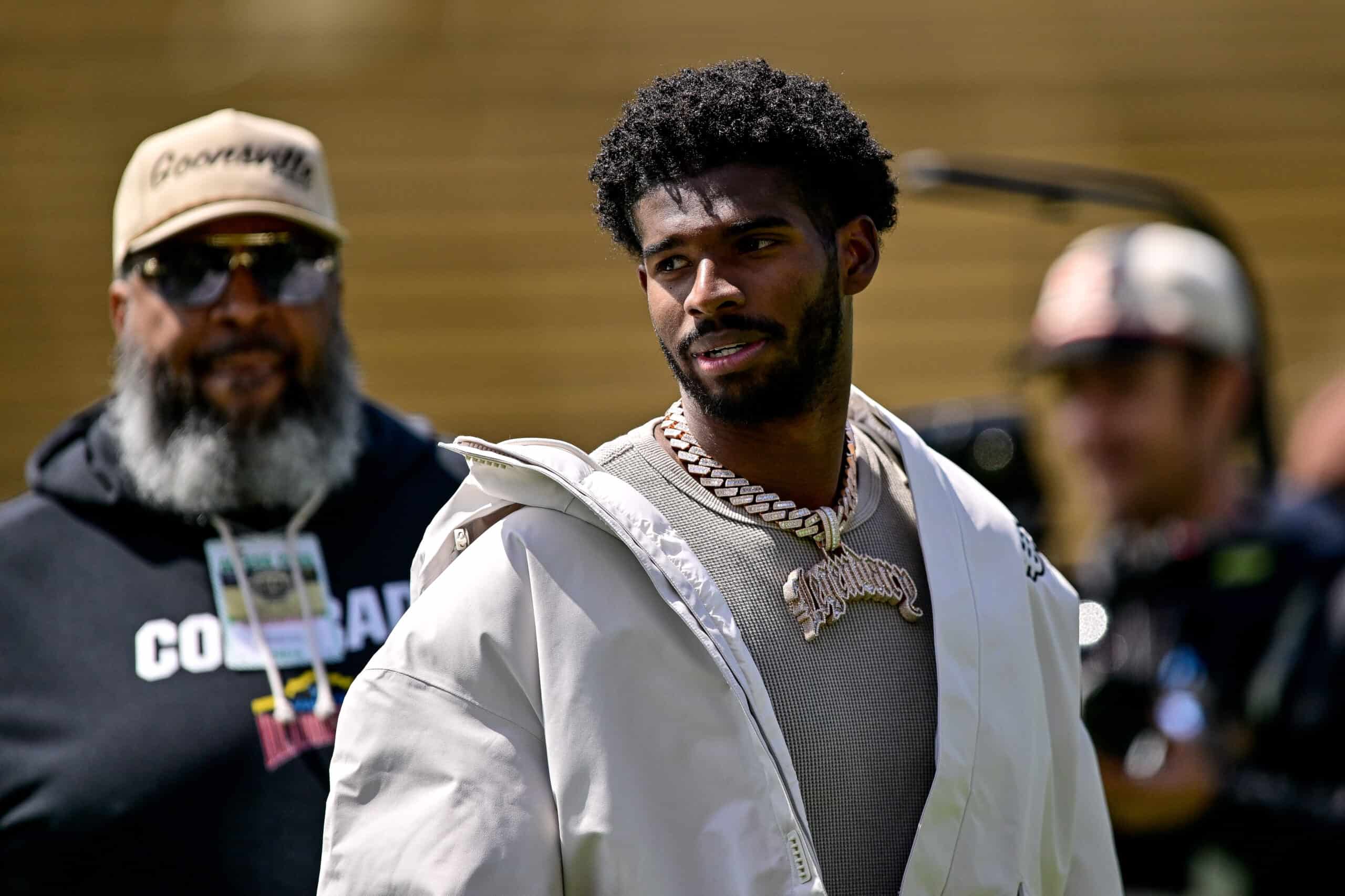 BOULDER, CO - APRIL 19: Former Colorado Buffaloes quarterback Shedeur Sanders looks on before the Black and Gold Spring Game at Folsom Field on April 19, 2025 in Boulder, Colorado.