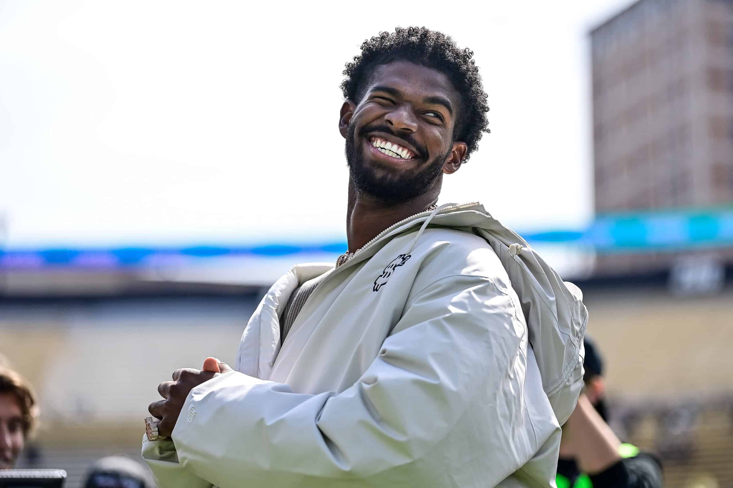 BOULDER, CO - APRIL 19: Former Colorado Buffaloes quarterback Shedeur Sanders looks on during a ceremony to retire his jersey before the Black and Gold Spring Game at Folsom Field on April 19, 2025 in Boulder, Colorado.