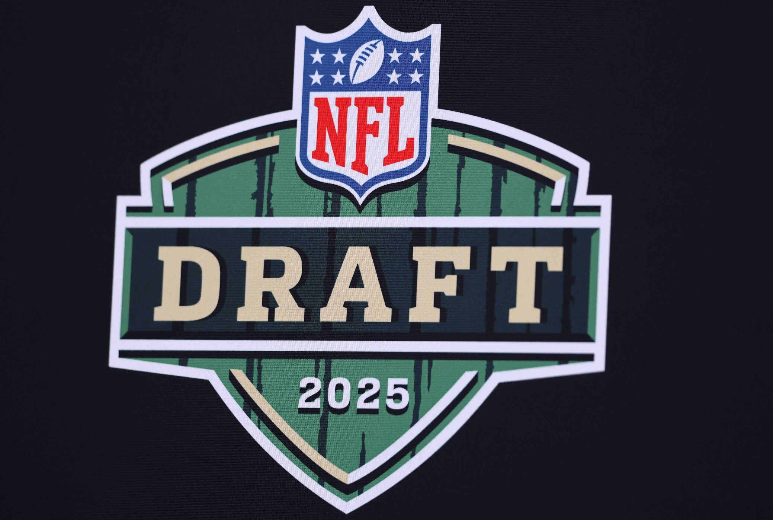 GREEN BAY, WISCONSIN - APRIL 24: A general view of the Draft logo is seen prior to the first round of the 2025 NFL Draft at Lambeau Field on April 24, 2025 in Green Bay, Wisconsin.