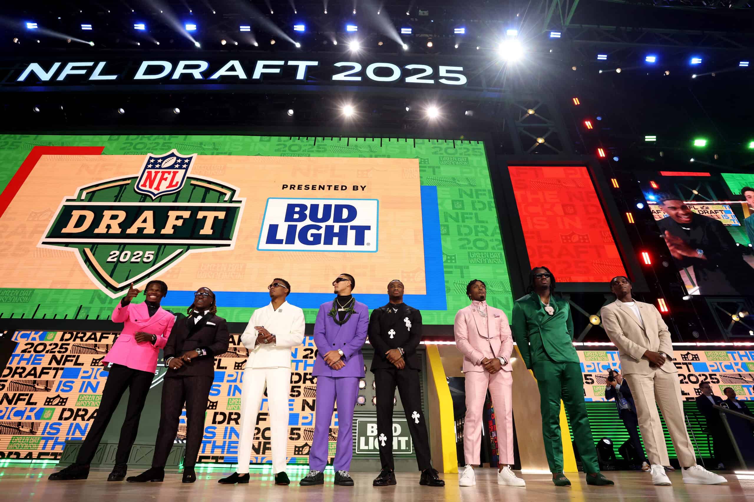 GREEN BAY, WISCONSIN - APRIL 24: Top NFL Draft Prospects pose for a photo on stage prior to the first round of the 2025 NFL Draft at Lambeau Field on April 24, 2025 in Green Bay, Wisconsin.