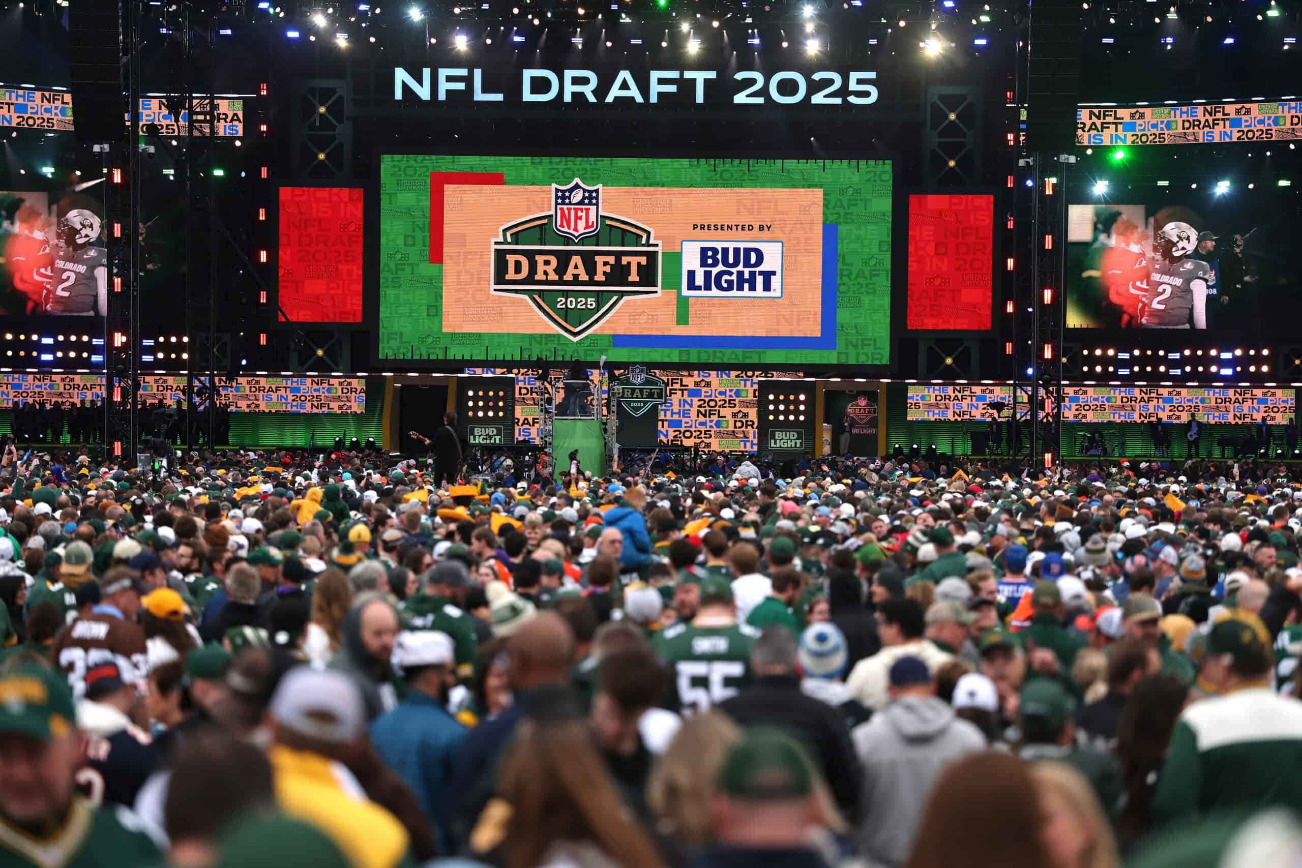 GREEN BAY, WISCONSIN - APRIL 24: Fans gather at the NFL Draft stage during the first round of the 2025 NFL Draft at Lambeau Field on April 24, 2025 in Green Bay, Wisconsin.