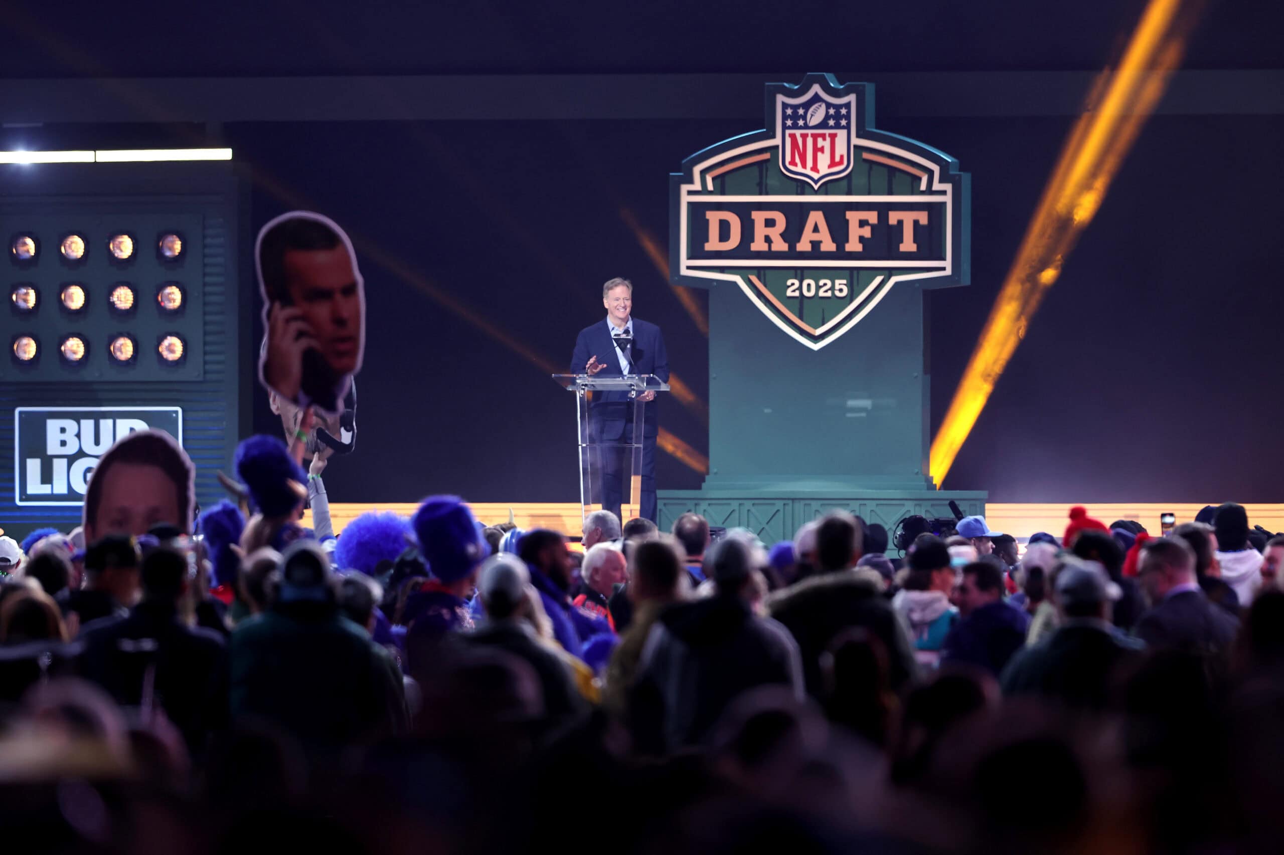 GREEN BAY, WISCONSIN - APRIL 24: NFL Commissioner Roger Goodell speaks during the first round of the 2025 NFL Draft at Lambeau Field on April 24, 2025 in Green Bay, Wisconsin.