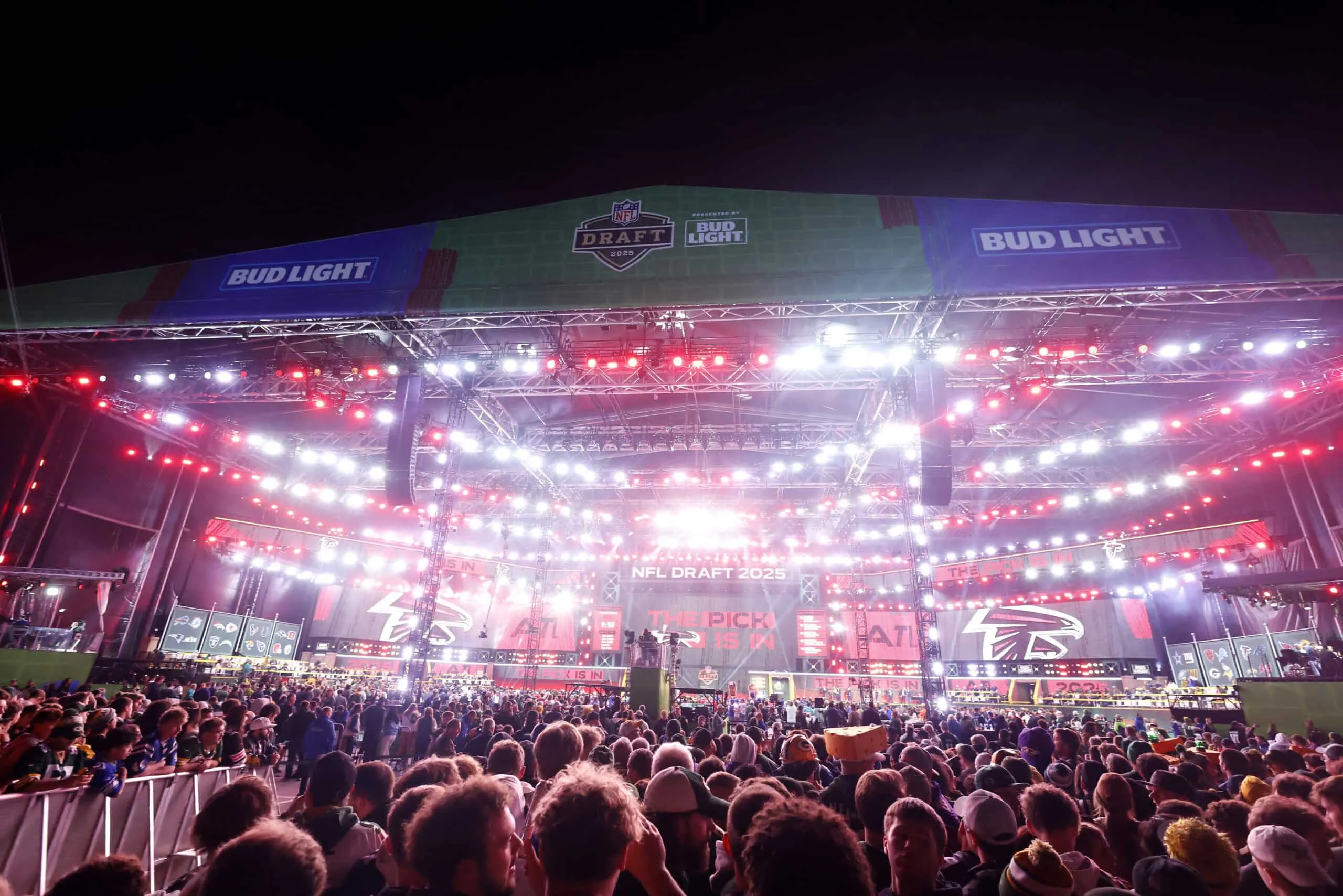 GREEN BAY, WISCONSIN - APRIL 24: A general view of the stage during the Atlanta Falcons pick during the first round of the 2025 NFL Draft at Lambeau Field on April 24, 2025 in Green Bay, Wisconsin.