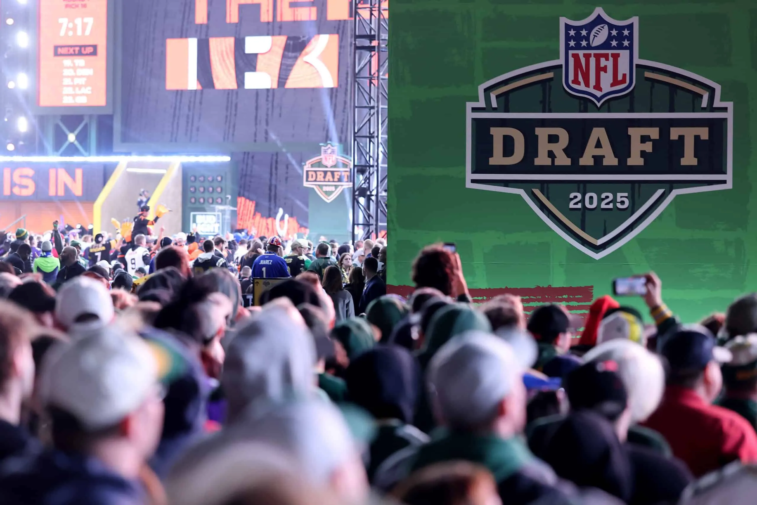 GREEN BAY, WISCONSIN - APRIL 24: A general view of the 2025 NFL Draft logo during the first round of the 2025 NFL Draft at Lambeau Field on April 24, 2025 in Green Bay, Wisconsin.