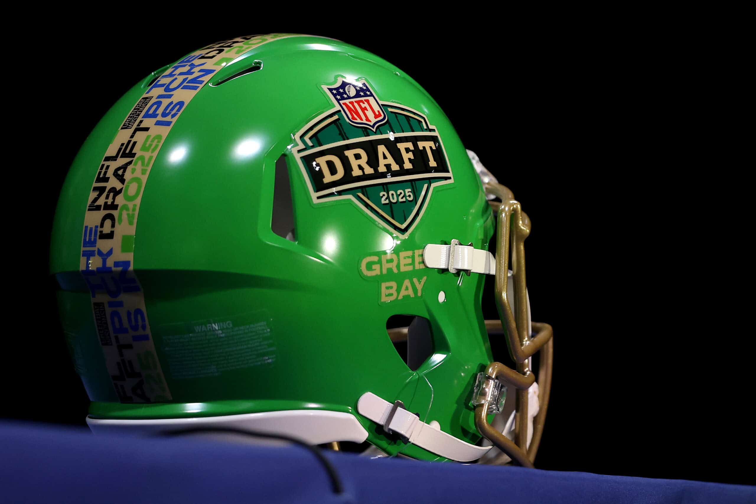 GREEN BAY, WISCONSIN - APRIL 24: A detailed view of helmet is seen during a press conference during the first round of the 2025 NFL Draft at Lambeau Field on April 24, 2025 in Green Bay, Wisconsin.
