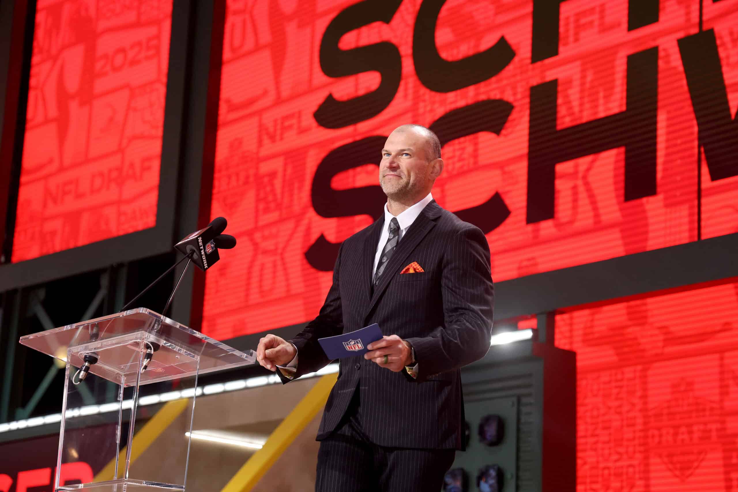 GREEN BAY, WISCONSIN - APRIL 25: Joe Thomas speaks during the second round of the 2025 NFL Draft at Lambeau Field on April 25, 2025 in Green Bay, Wisconsin.