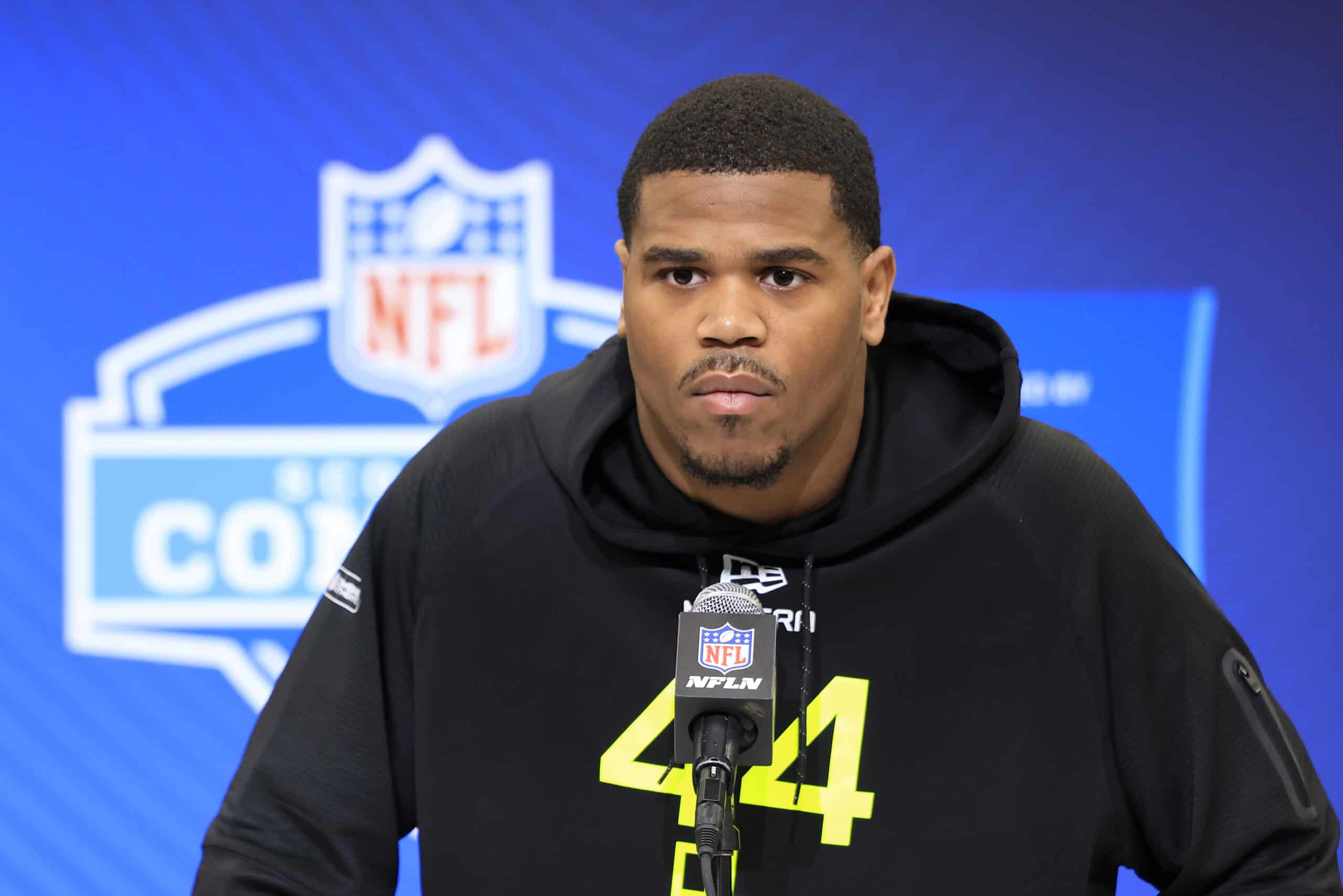 INDIANAPOLIS, INDIANA - FEBRUARY 26: Abdul Carter #DL44 of Penn State speaks to the media during the NFL Combine at the Indiana Convention Center on February 26, 2025 in Indianapolis, Indiana.