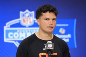 INDIANAPOLIS, INDIANA - FEBRUARY 28: Dillon Gabriel #QB05 of Oregon speaks to the media during the 2025 NFL Scouting Combine at Lucas Oil Stadium on February 28, 2025 in Indianapolis, Indiana.