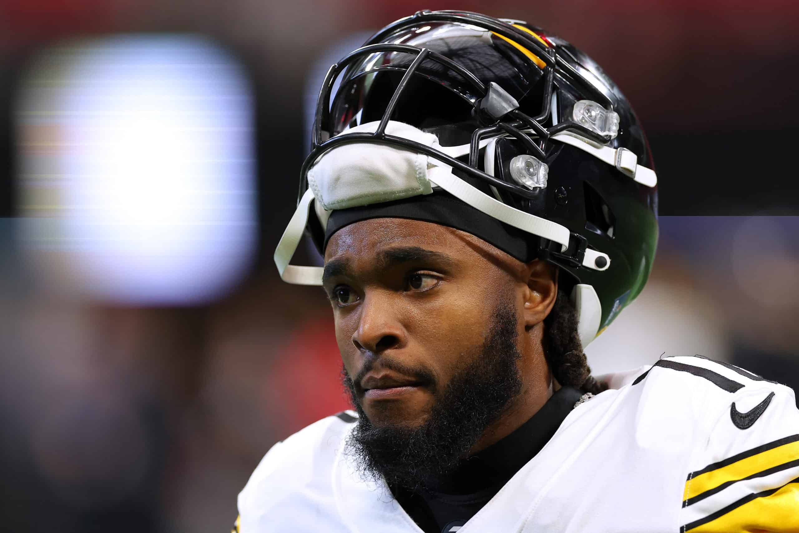 ATLANTA, GEORGIA - DECEMBER 04: Diontae Johnson #18 of the Pittsburgh Steelers looks on during warmups before the game against the Atlanta Falcons at Mercedes-Benz Stadium on December 04, 2022 in Atlanta, Georgia.