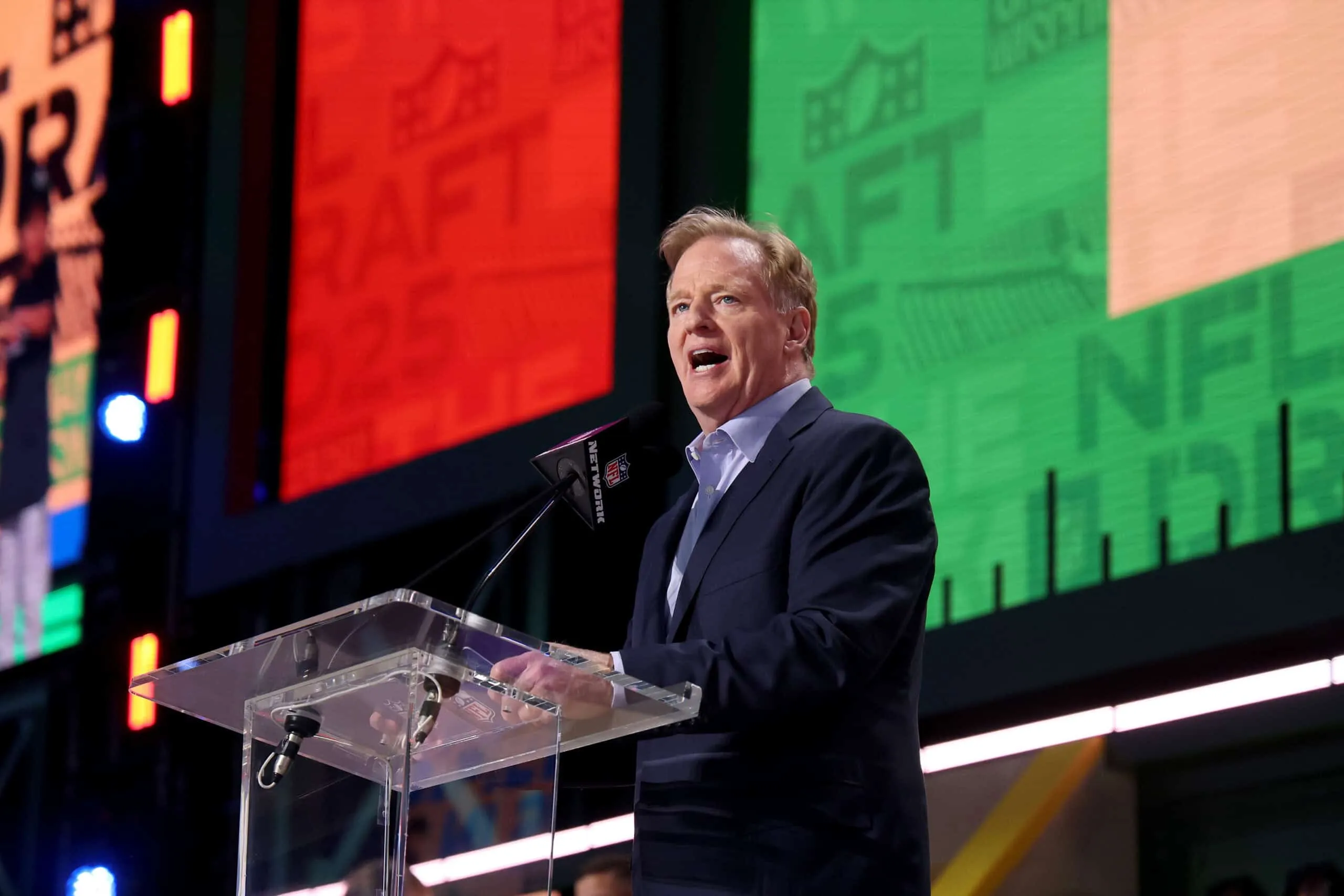 GREEN BAY, WISCONSIN - APRIL 24: NFL Commissioner Roger Goodell speaks during the first round of the 2025 NFL Draft at Lambeau Field on April 24, 2025 in Green Bay, Wisconsin.
