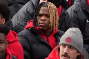 COLUMBUS, OHIO - JANUARY 26: Running back Quinshon Judkins #1 of the Ohio State Buckeyes looks on during the NCAA Football Championship celebration at Ohio Stadium on January 26, 2025 in Columbus, Ohio.