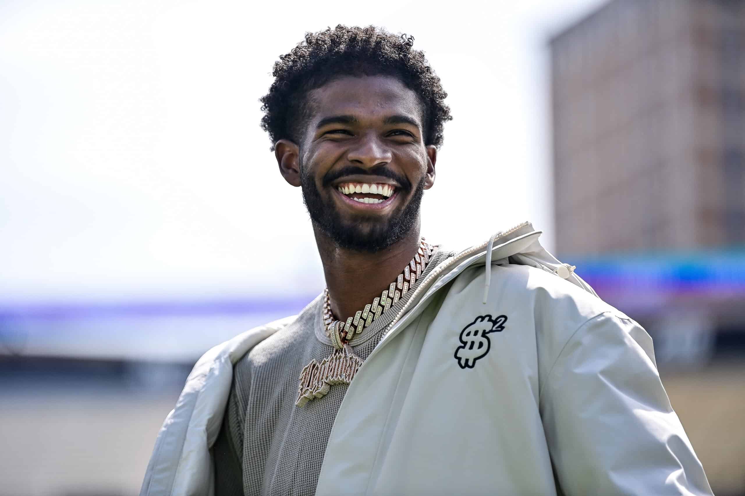 BOULDER, CO - APRIL 19: Former Colorado Buffaloes quarterback Shedeur Sanders looks on during a ceremony to retire his jersey before the Black and Gold Spring Game at Folsom Field on April 19, 2025 in Boulder, Colorado.