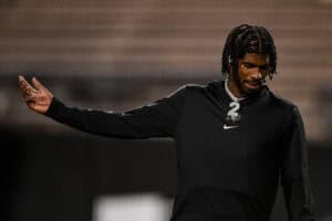 BOULDER, CO - NOVEMBER 4: Shedeur Sanders #2 of the Colorado Buffaloes warms up before a game against the Oregon State Beavers at Folsom Field on November 4, 2023 in Boulder, Colorado.