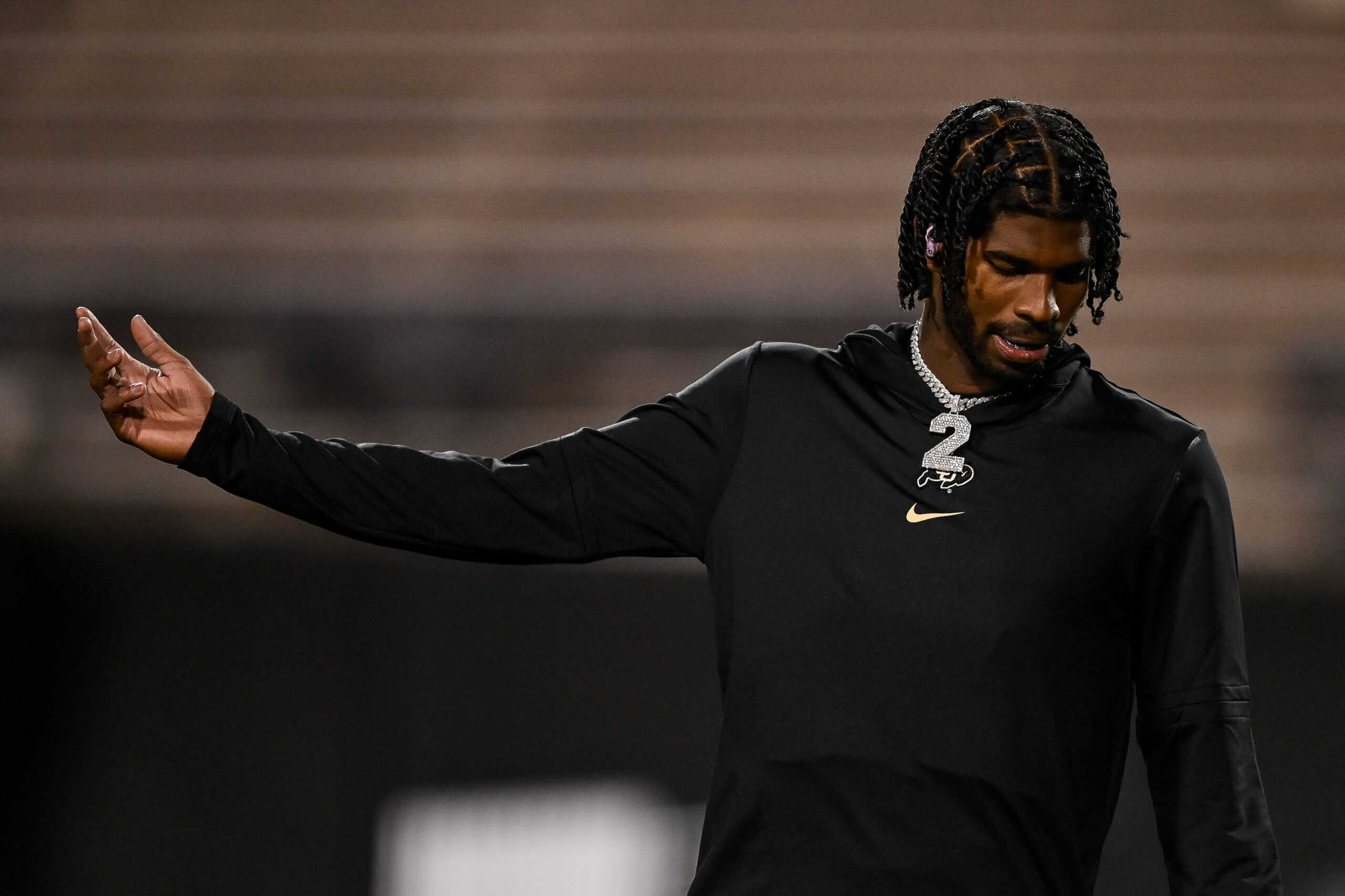 BOULDER, CO - NOVEMBER 4: Shedeur Sanders #2 of the Colorado Buffaloes warms up before a game against the Oregon State Beavers at Folsom Field on November 4, 2023 in Boulder, Colorado.