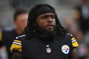 PITTSBURGH, PA - AUGUST 13: Diontae Johnson #18 of the Pittsburgh Steelers looks on during warm ups before a preseason game against the Seattle Seahawks at Acrisure Stadium on August 13, 2022 in Pittsburgh, Pennsylvania.