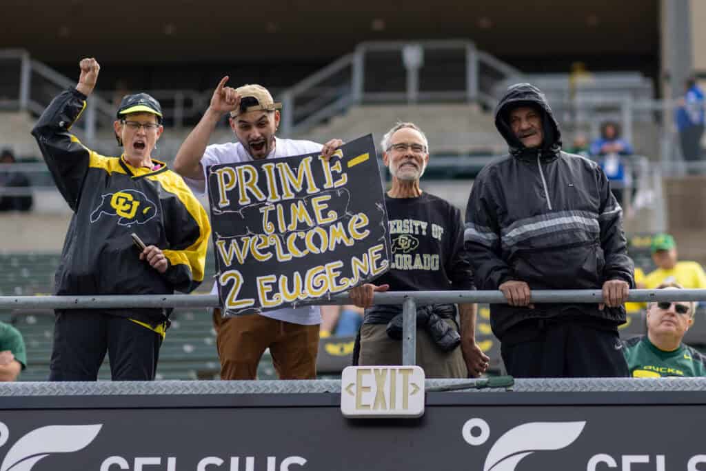 EUGENE, OREGON - SEPTEMBER 23: Colorado Buffaloes fans cheer against the Oregon Ducks before their game at Autzen Stadium on September 23, 2023 in Eugene, Oregon.