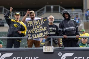 EUGENE, OREGON - SEPTEMBER 23: Colorado Buffaloes fans cheer against the Oregon Ducks before their game at Autzen Stadium on September 23, 2023 in Eugene, Oregon.