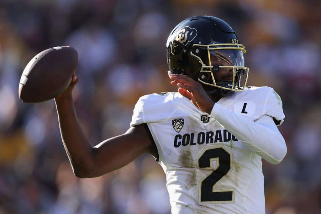TEMPE, ARIZONA - OCTOBER 07: Quarterback Shedeur Sanders #2 of the Colorado Buffaloes throws a pass during the first half of the NCAAF game against the Arizona State Sun Devils at Mountain America Stadium on October 07, 2023 in Tempe, Arizona.