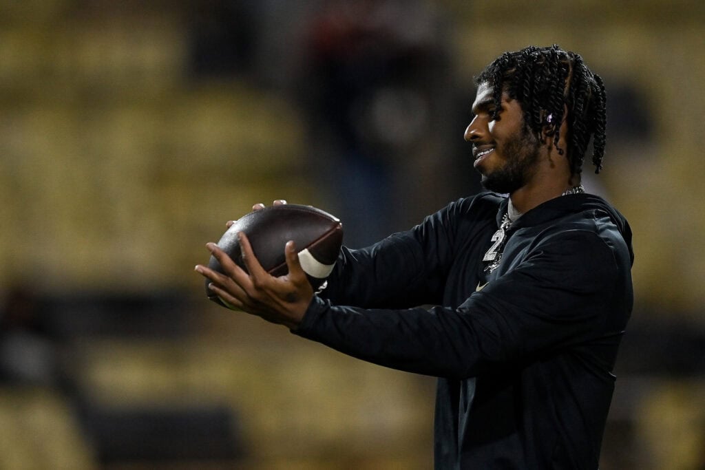 BOULDER, CO - NOVEMBER 4: Shedeur Sanders #2 of the Colorado Buffaloes warms up before a game against the Oregon State Beavers at Folsom Field on November 4, 2023 in Boulder, Colorado