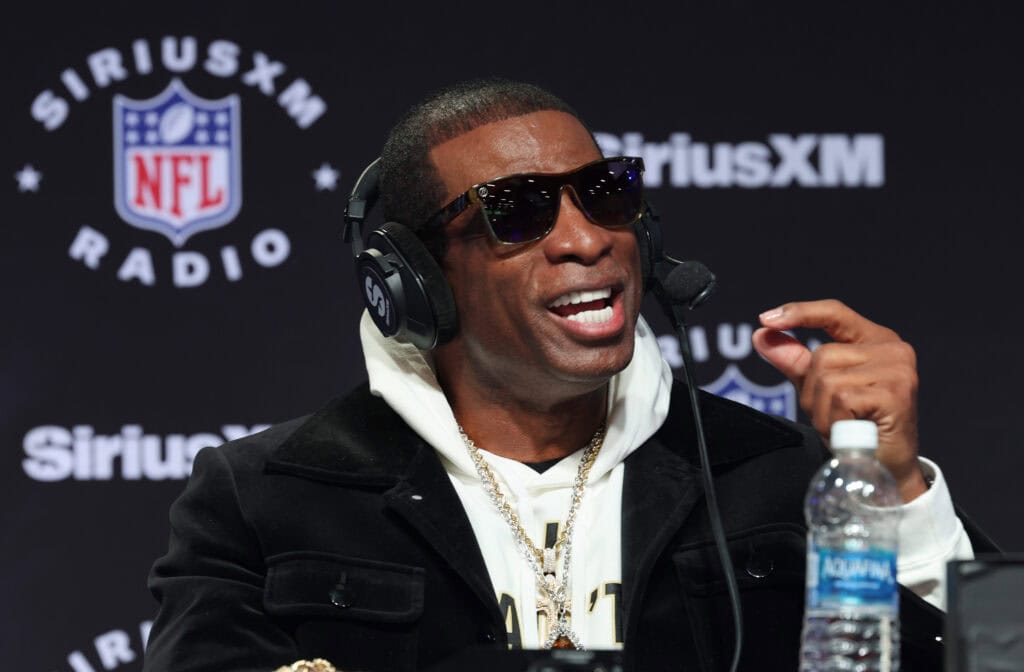 LAS VEGAS, NEVADA - FEBRUARY 08: Deion "Coach Prime" Sanders speaks on SiriusXM at Super Bowl LVIII on February 08, 2024 in Las Vegas, Nevada.