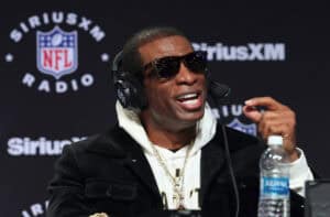 LAS VEGAS, NEVADA - FEBRUARY 08: Deion "Coach Prime" Sanders speaks on SiriusXM at Super Bowl LVIII on February 08, 2024 in Las Vegas, Nevada.