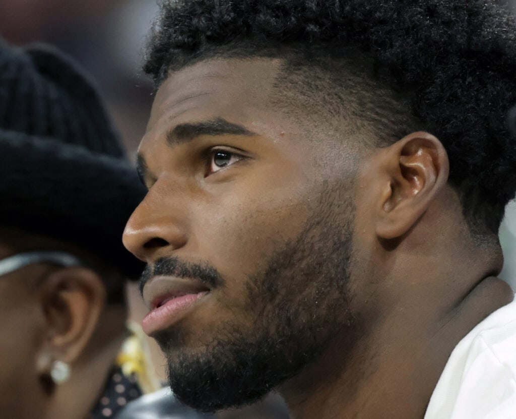 LAS VEGAS, NEVADA - OCTOBER 04: Colorado Buffaloes quarterback Shedeur Sanders attends Game Three of the 2024 WNBA Playoffs semifinals between the New York Liberty and the Las Vegas Aces at Michelob ULTRA Arena on October 04, 2024 in Las Vegas, Nevada. The Aces defeated the Liberty 95-81. NOTE TO USER: User expressly acknowledges and agrees that, by downloading and or using this photograph, User is consenting to the terms and conditions of the Getty Images License Agreement.