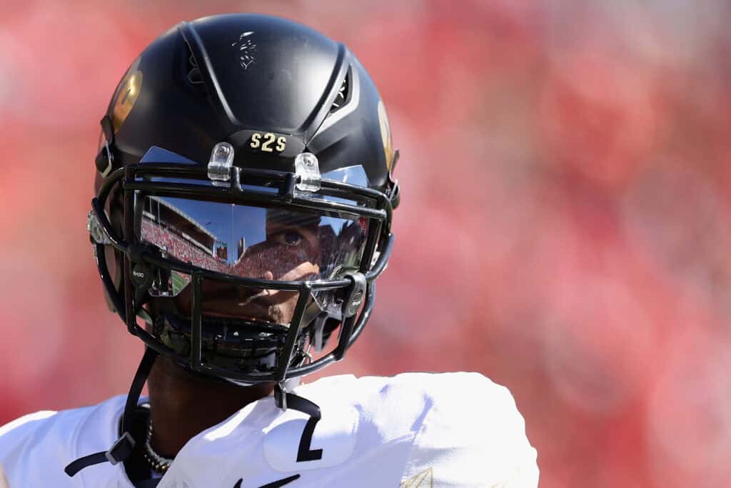 TUCSON, ARIZONA - OCTOBER 19: Quarterback Shedeur Sanders #2 of the Colorado Buffaloes during the NCAAF game at Arizona Stadium on October 19, 2024 in Tucson, Arizona. The Buffalos defeated the Wildcats 34-7.