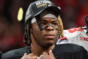 ATLANTA, GEORGIA - JANUARY 20: Quinshon Judkins #1 of the Ohio State Buckeyes celebrates after beating the Notre Dame Fighting Irish 34-23 in the 2025 CFP National Championship at the Mercedes-Benz Stadium on January 20, 2025 in Atlanta, Georgia.