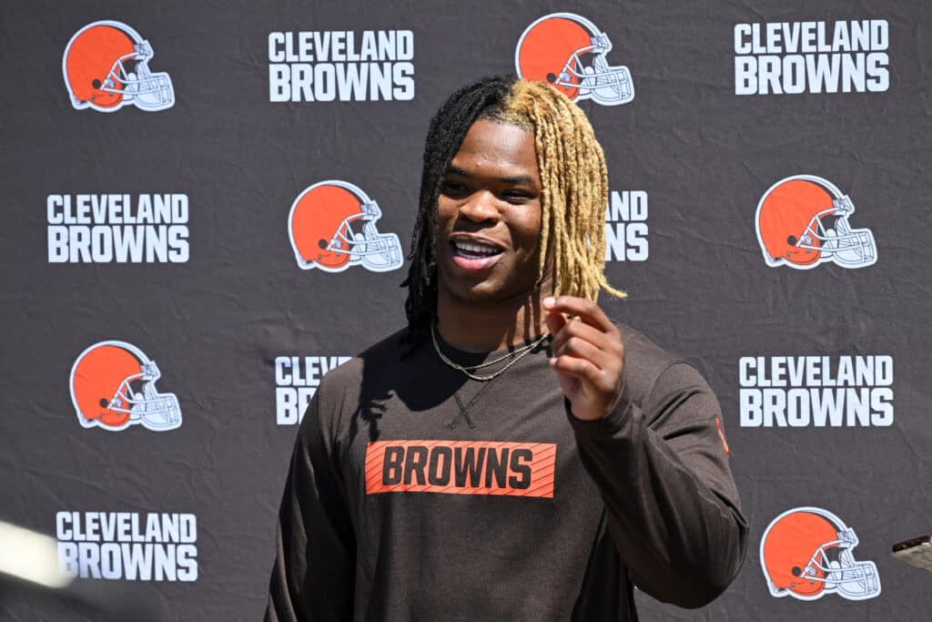 BEREA, OHIO - MAY 09: Quinshon Judkins #10 of the Cleveland Browns answers questions from the media during a press conference prior to rookie minicamp at CrossCountry Mortgage Campus on May 09, 2025 in Berea, Ohio.