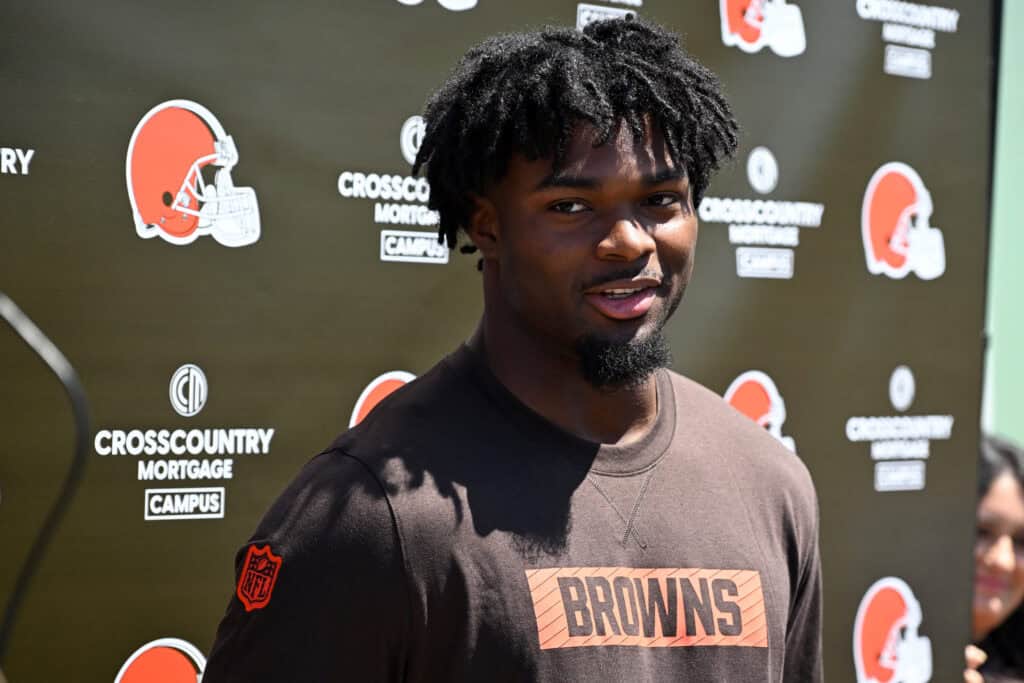 BEREA, OHIO - MAY 09: Harold Fannin Jr. #88 of the Cleveland Browns answers questions from the media during a press conference prior to rookie minicamp at CrossCountry Mortgage Campus on May 09, 2025 in Berea, Ohio.