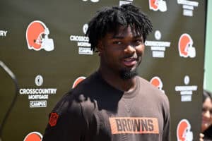 BEREA, OHIO - MAY 09: Harold Fannin Jr. #88 of the Cleveland Browns answers questions from the media during a press conference prior to rookie minicamp at CrossCountry Mortgage Campus on May 09, 2025 in Berea, Ohio.